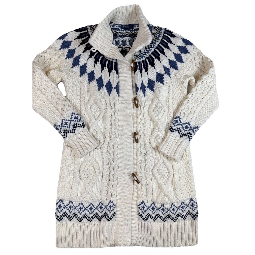 Polo Ralph Lauren Fair Isle Toggle Cardigan Ivory Cable Knit Nordic Sweater Sz S